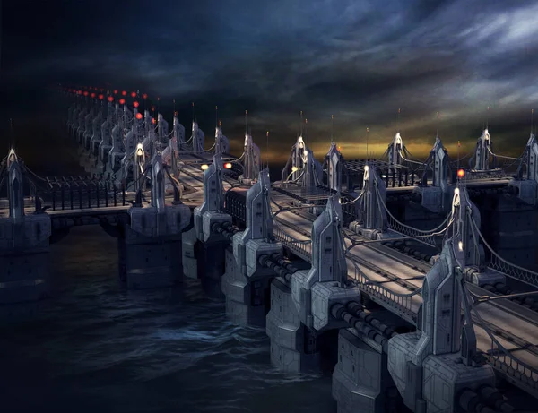 Scifi Sky Bridge Water Cgi Futuristic — ストック写真