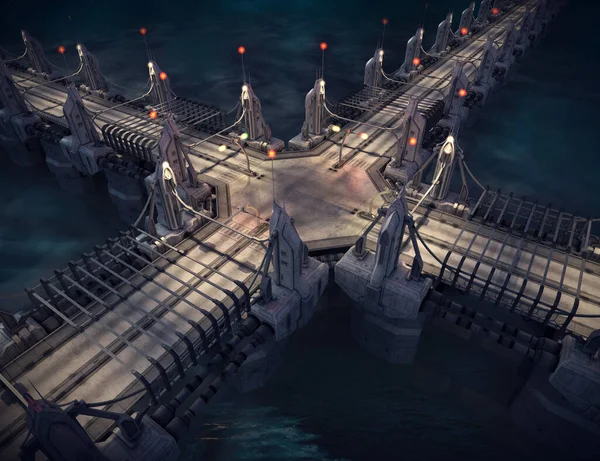Scifi Sky Bridge Water Cgi Futuristic — Stok Foto