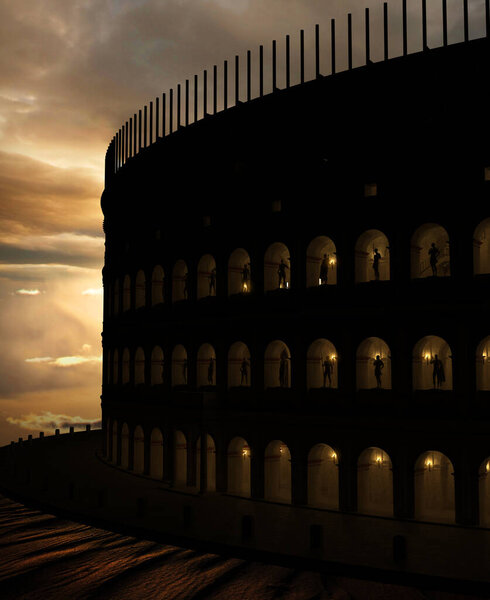 CGI Fantasy Roman Arena or Colosseum with Statues, Exterior Night
