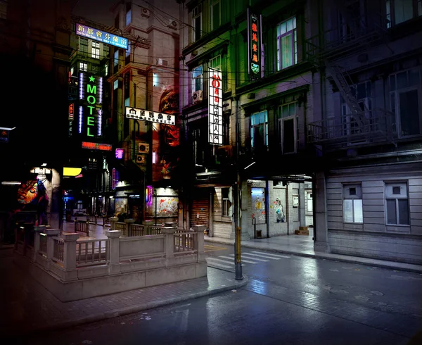 Cgi Cyberpunk Scifi City Streets Night — ストック写真