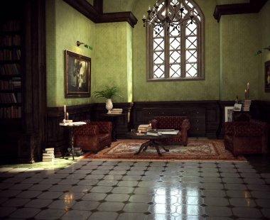CGI Gotik ya da Viktorya Kütüphanesi ya da Pencereli Çalışma