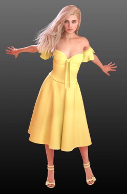 Sarı elbiseli, uzun saçlı, limon şekeri sarısı model.