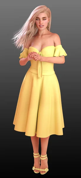 Citroen Candy Blonde Model Met Lang Haar Gele Zonnejurk — Stockfoto
