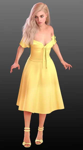 Lemon Candy Blonde Model Long Hair Yellow Sundress — Stock Photo, Image