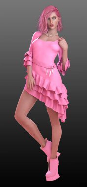 Kısa Dalgalı Elbise, Pembe Saç ve Kıyafet İçinde Pembe Şeker Şirin Modeli