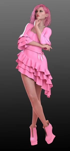 Rosa Modello Carino Caramella Abito Corto Increspato Capelli Rosa Outfit — Foto Stock