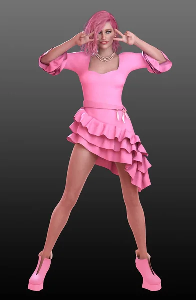 Pink Candy Cute Model Short Ruffled Dress Pink Hair Outfit — 스톡 사진