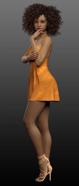 Kıvırcık Doğal Saçlı Kısa Turuncu Elbiseli Portakal Şekeri Poc Modeli