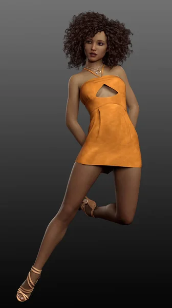Модель Помаранчевого Пока Короткій Оранжевій Сукні Кучерявим Природним Волоссям — стокове фото