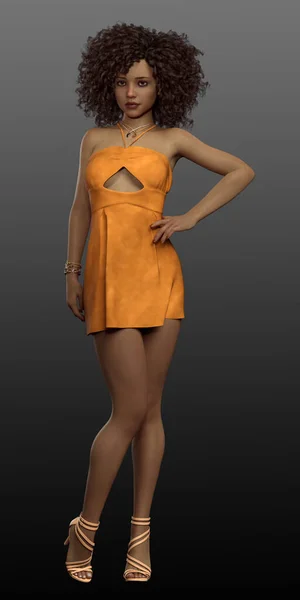 Narancs Candy Poc Modell Rövid Narancssárga Ruha Göndör Természetes Haj — Stock Fotó