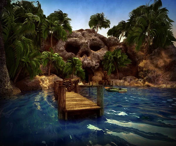 Cgi Fantasy Pirate Cove Dock Skull Rock Cave — 스톡 사진