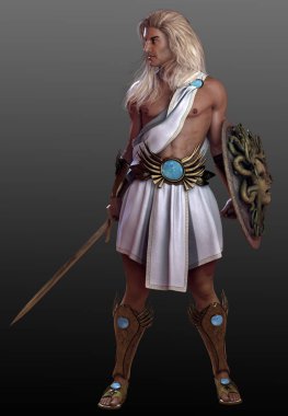 Fantasy Greek God Apollo in White Tunic and Gold Armor clipart