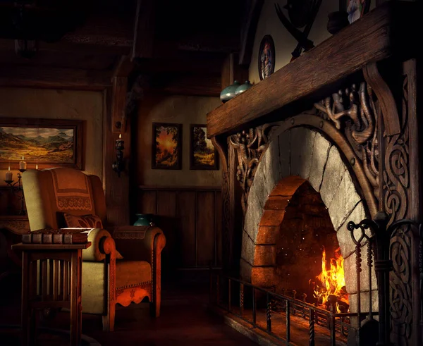 Cgi Fairytale Cottage Chair Fireplace — 图库照片