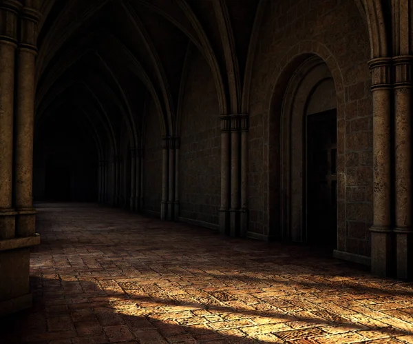 Katedral Veya Saray Daki Cgi Karanlık Koridoru — Stok fotoğraf