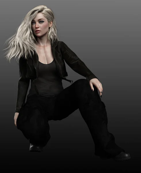 Urban Fantasy Blond Vrouw Zwarte Kleding — Stockfoto