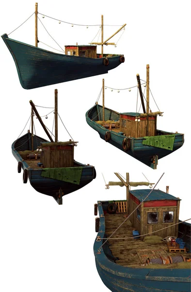 Cgi Old Wooden Fishing Boat Flera Vinklar — Stockfoto