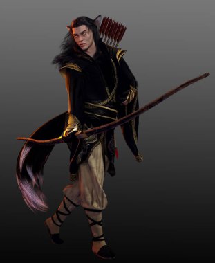 Fantezi Erkek Kitsune ya da Kimono 'da Oklu Tilki Ruhu