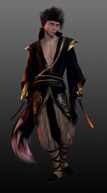 Fantezi Erkek Kitsune ya da Kimono 'da Oklu Tilki Ruhu