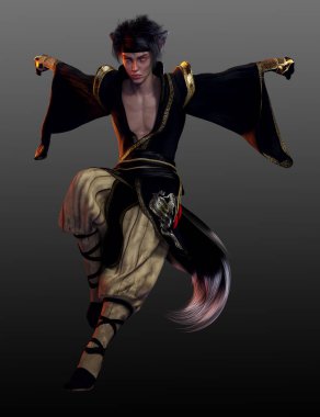Fantezi Erkek Kitsune ya da Kimono 'da Oklu Tilki Ruhu