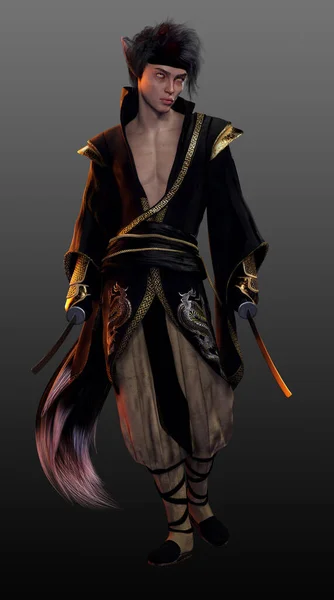 Fantasy Male Kitsune Fox Spirit Con Arco Flechas Kimono —  Fotos de Stock