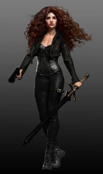 Mujer Fantasía Urbana Cuero Negro Con Pistola Espada Pelo Largo — Foto de Stock