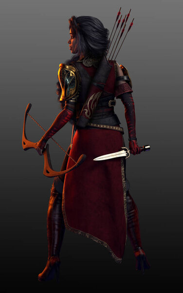 Fantasy POC Woman in Red and Black Armor with Bow and Daggers