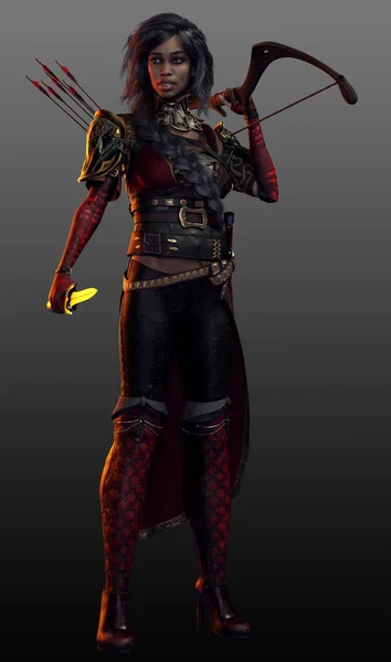 弓とダガーと赤と黒の鎧でファンタジーPoc女性 — ストック写真