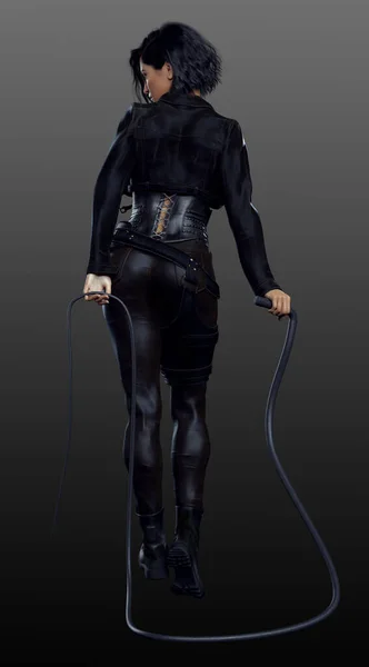 Urban Fantasy POC Woman in Black Leather with Bullwhip