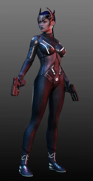 Nano Scifi Woman Space Suit Armor Dual Blasters — Stok Foto