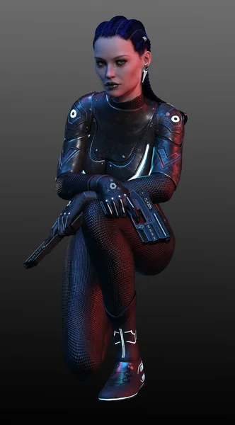 具有双爆破器的宇航服装甲中的纳米科幻女性 — 图库照片