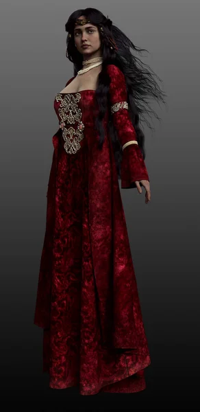 Fantezi Ortaçağ Kadını Kraliçe Prenses Uzun Kırmızı Kadife Elbise — Stok fotoğraf