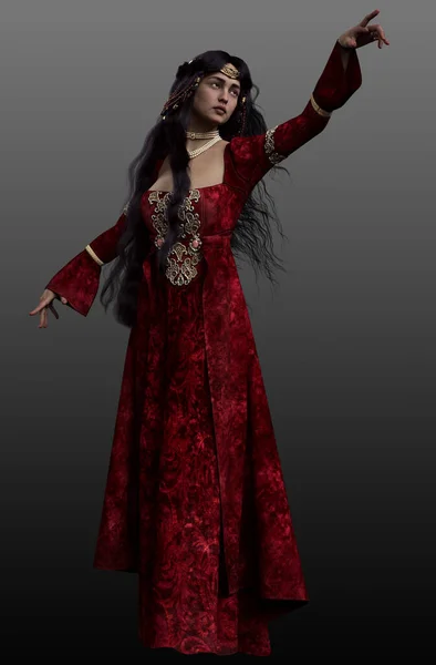 ファンタジー中世の女性 長い赤いベルベットのガウンで — ストック写真