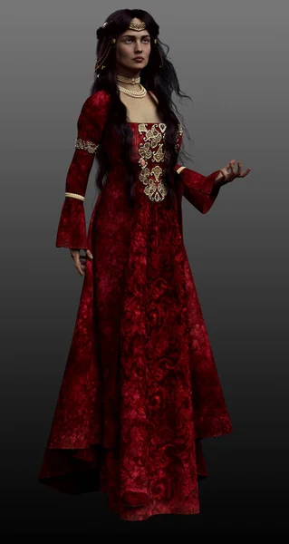 Fantasy Medieval Woman Queen Princess Long Red Velvet Gown — Stock Photo, Image