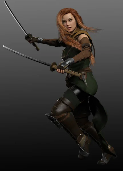 Fantasy Warrior Woman Med Dubbla Katana Svärd Aktion Pose — Stockfoto