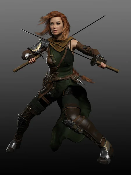 Fantasy Warrior Woman Διπλή Katana Σπαθιά Δράση Pose — Φωτογραφία Αρχείου