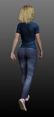 CGI Back View of Blonde Woman Walking Away, Rear View
