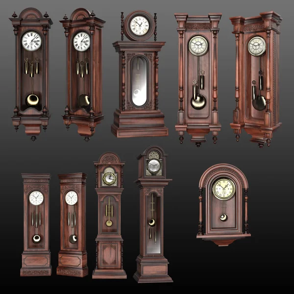 Cgi Vintage Stare Zegary Ścienne Różne Rodzaje Zegarów — Zdjęcie stockowe