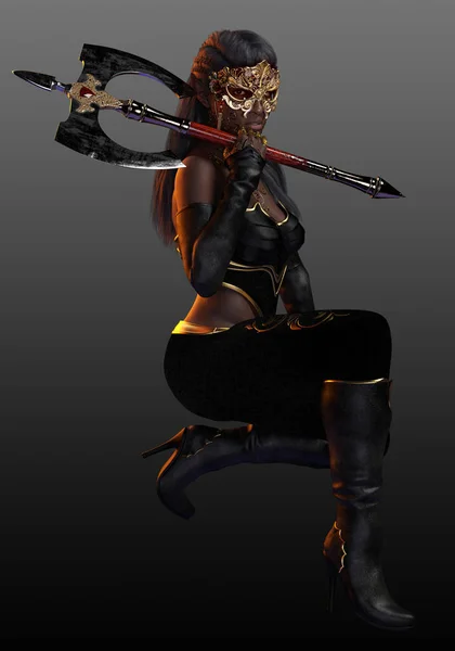 Fantasy Fae POC Elf Woman with Axe in Leather and Gold Armor with Rococco Mask