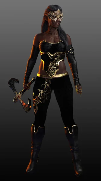 Fantasy Fae POC Elf Woman with Axe in Leather and Gold Armor with Rococco Mask