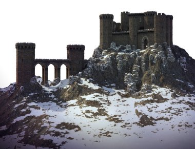 Craggy Dağı 'nda Karlı CGI Kış Ortaçağ Şatosu
