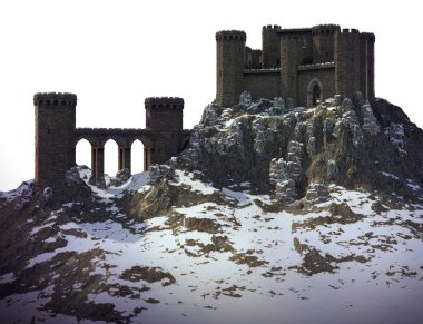 CGI Winter Medieval Castle with Snow on Craggy Mountain clipart