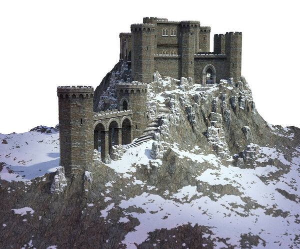 CGI Winter Medieval Castle with Snow on Craggy Mountain