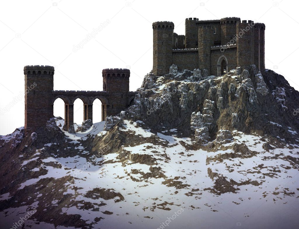 CGI Winter Medieval Castle with Snow on Craggy Mountain