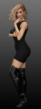 Fantezi Sarışın Cadı ya da Siyah Elbiseli Büyücü Sarı Saçlı