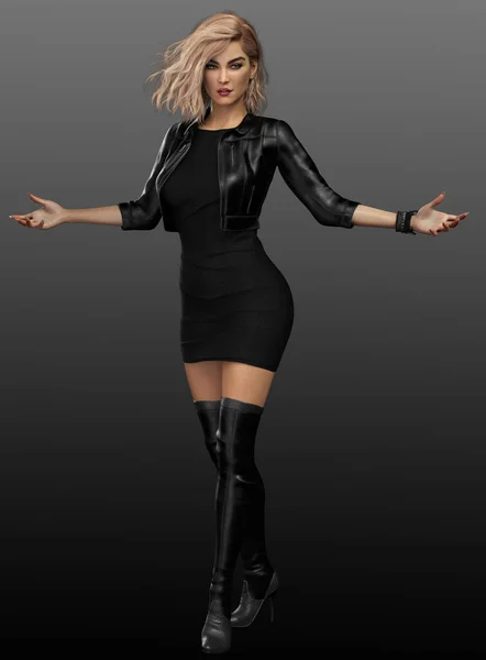 Fantasy Blonde Witch Spellcaster Black Dress Blonde Hair — Stock Photo, Image