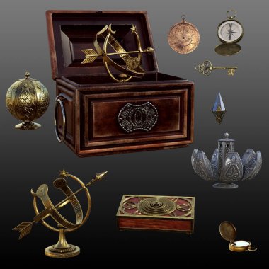 Fantezi veya Steampunk Maceracı Nesneleri: Pomander, Güneş saati, Vintage veya Korsan