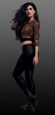 Kot ve Deri Ceketli Şehir Fantezisi Kadın, Uzun Siyah Saçlı