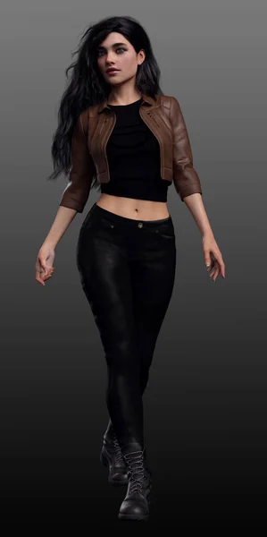 Urban Fantasy Woman Jeans Leather Jacket Long Black Hair — стокове фото