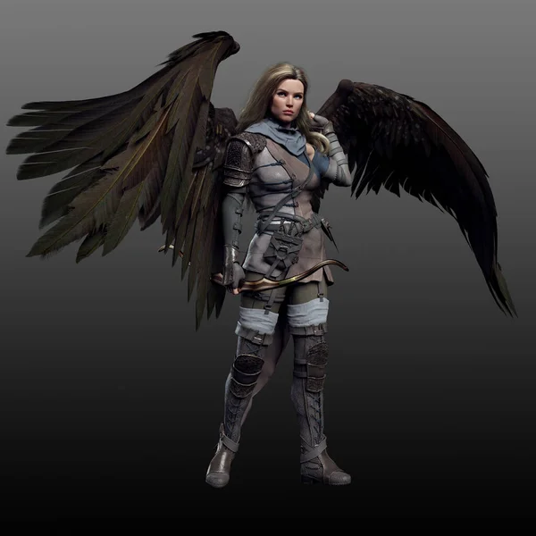 Blonde Fantasy Angel Fae Brown Leather Armor Brown Sparrow Wings — Stock Photo, Image