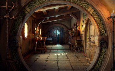 Yuvarlak Kapılı CGI Fantezi veya Peri Masalı Kulübe Koridoru